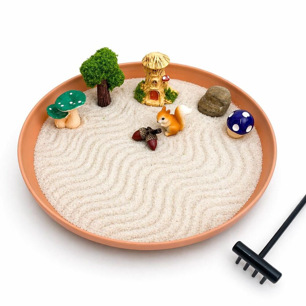 Mini Zen Garden with Woodland Figurines – Desktop Sand Garden Kit with Rake